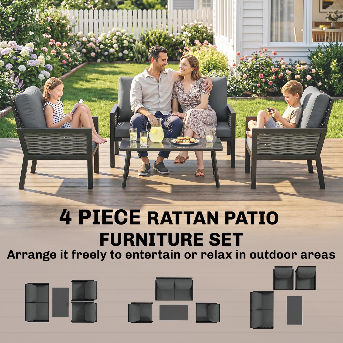 4 Seater Rattan Garden Furniture Set with 2 Armchairs, Loveseat, Coffee Table, Garden Sofa Set with Cushions, Dark Grey