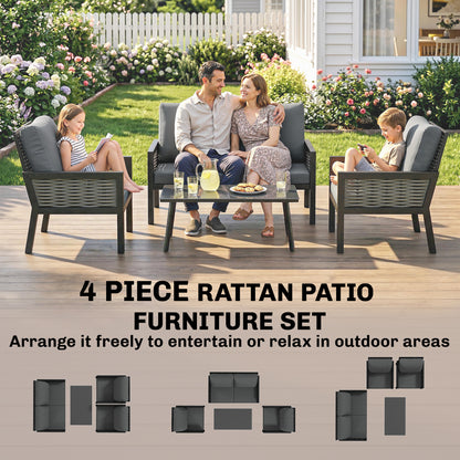 4 Seater Rattan Garden Furniture Set with 2 Armchairs, Loveseat, Coffee Table, Garden Sofa Set with Cushions, Dark Grey