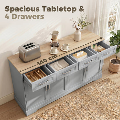 Sideboard Buffet Cabinet, 140 cm Kitchen Storage Cabinet with 4 Drawers, 4 Doors and 2 Adjustable Shelves, Grey