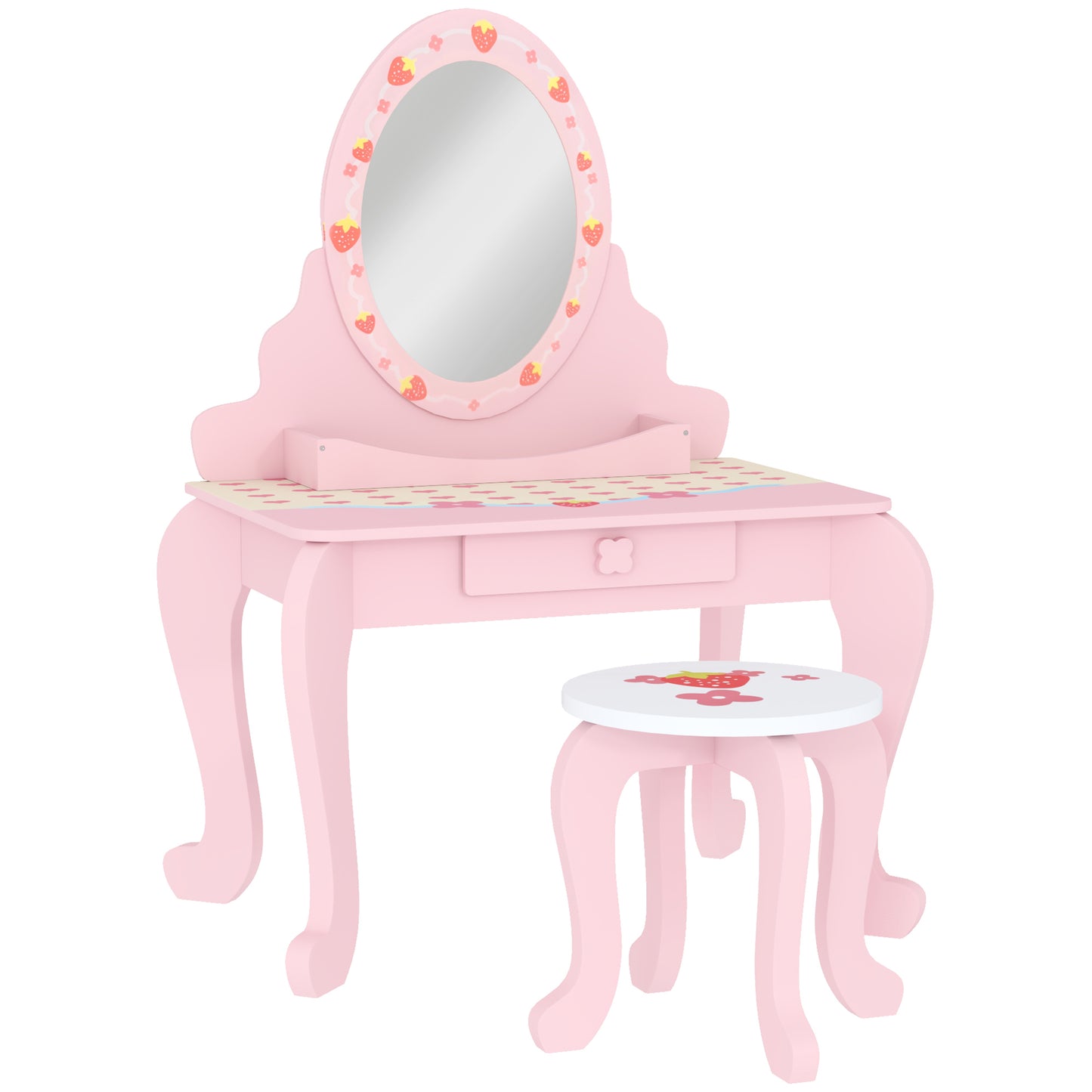 Kids Dressing Table Set, Vanity Table with Stool, Mirror, Drawer, Desktop, Storage, Strawberry-Theme, Pink