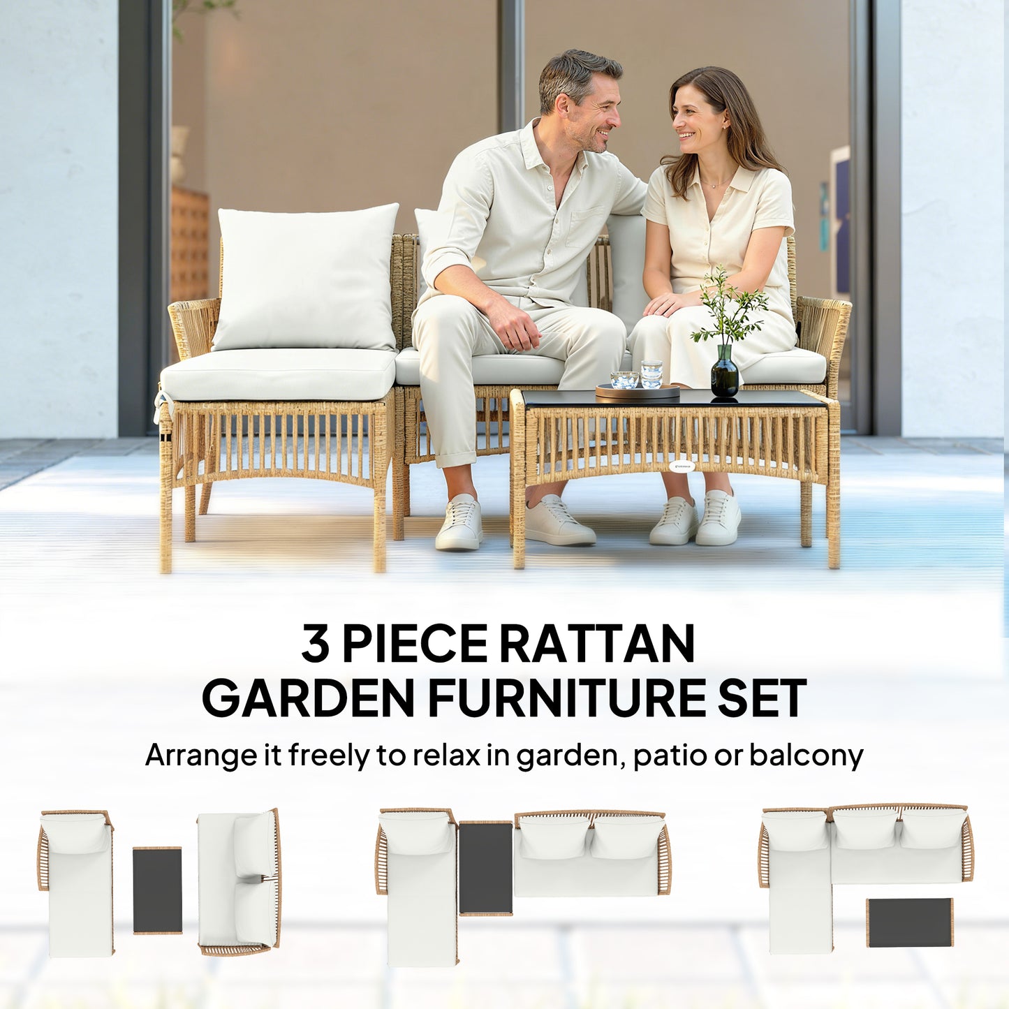 3 Piece Rattan Garden Furniture Corner Sofa Set with Chaise Lounge, Loveseat, Glass Coffee Table, Cushions, Natural Wood
