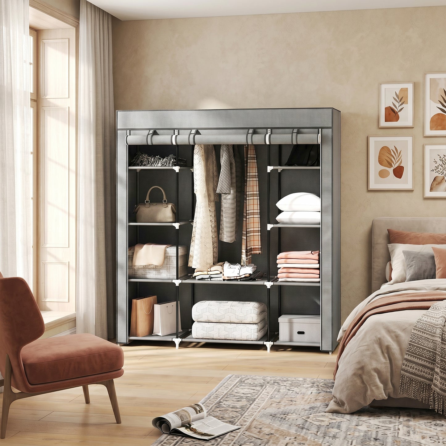 Clothes Storage Organiser with Hanging Rail, Shelves, Portable Wardrobe, Foldable Fabric Wardrobe, Light Grey