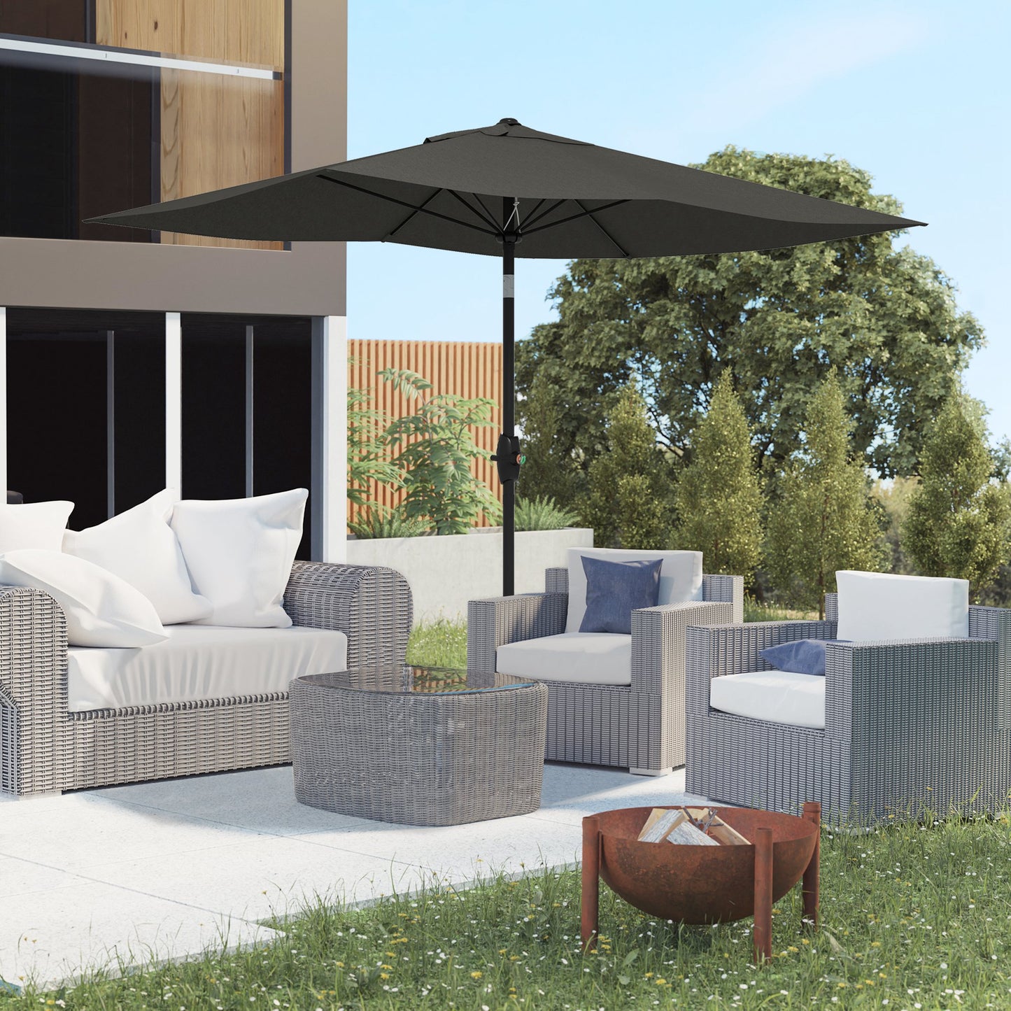 2 x 3(m) Garden Parasol Umbrella, Rectangular Outdoor Market Umbrella Sun Shade with Crank & Push Button Tilt, 6 Ribs