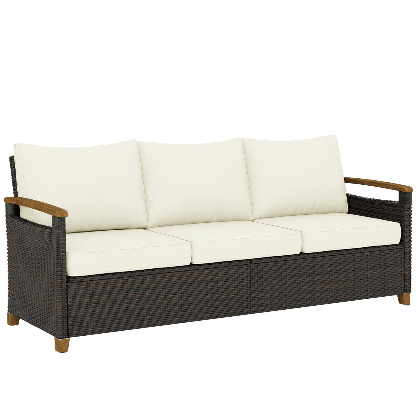 3 Seater Rattan Garden Sofa, PE Wicker Outdoor Sofa Wide Deep Seat, 4" Cushions, Wood-Effect Armrests Legs, Brown