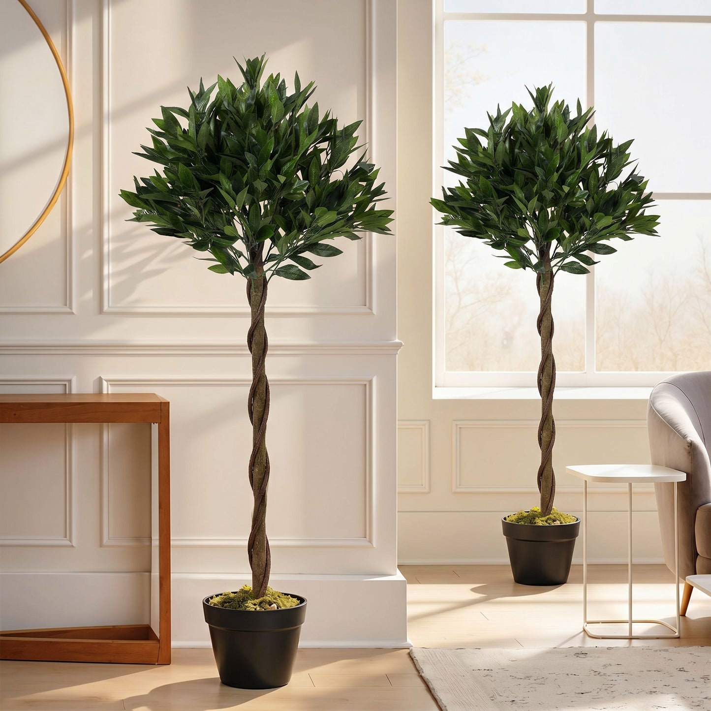 Artificial Bay Laurel Topiary Trees with Twisted Trunk, Realistic Lush Topiary Ball Tree with Weighted Pot, Set of 2