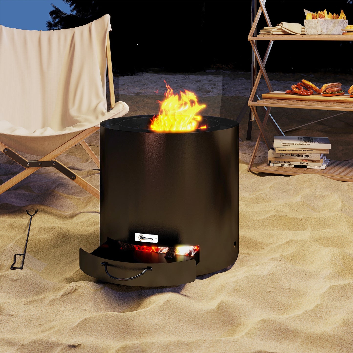 Metal Wood-burning Fire Pit with Fire Poker - Black