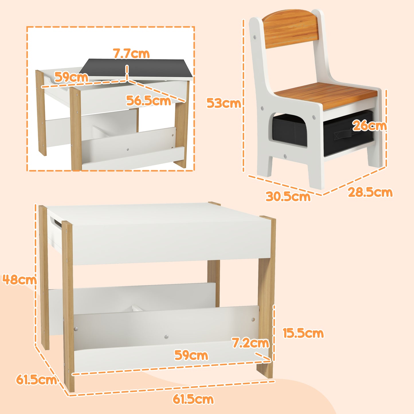 Three-Piece Kids Table and Chair Set with Blackboard, Storage, Bookshelves - Natural Wood