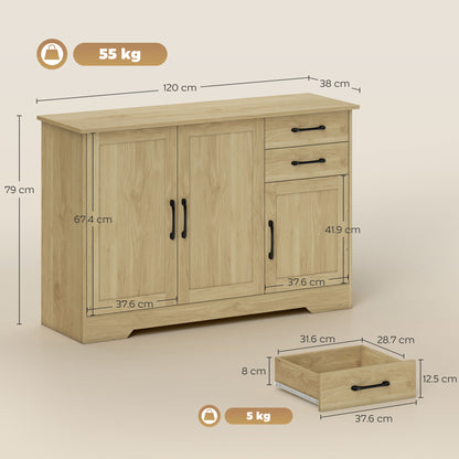 Sideboard with 2 Drawers Modern Storage Cabinet, Kitchen Cupboard with Adjustable Shelf and 3 Doors Natural