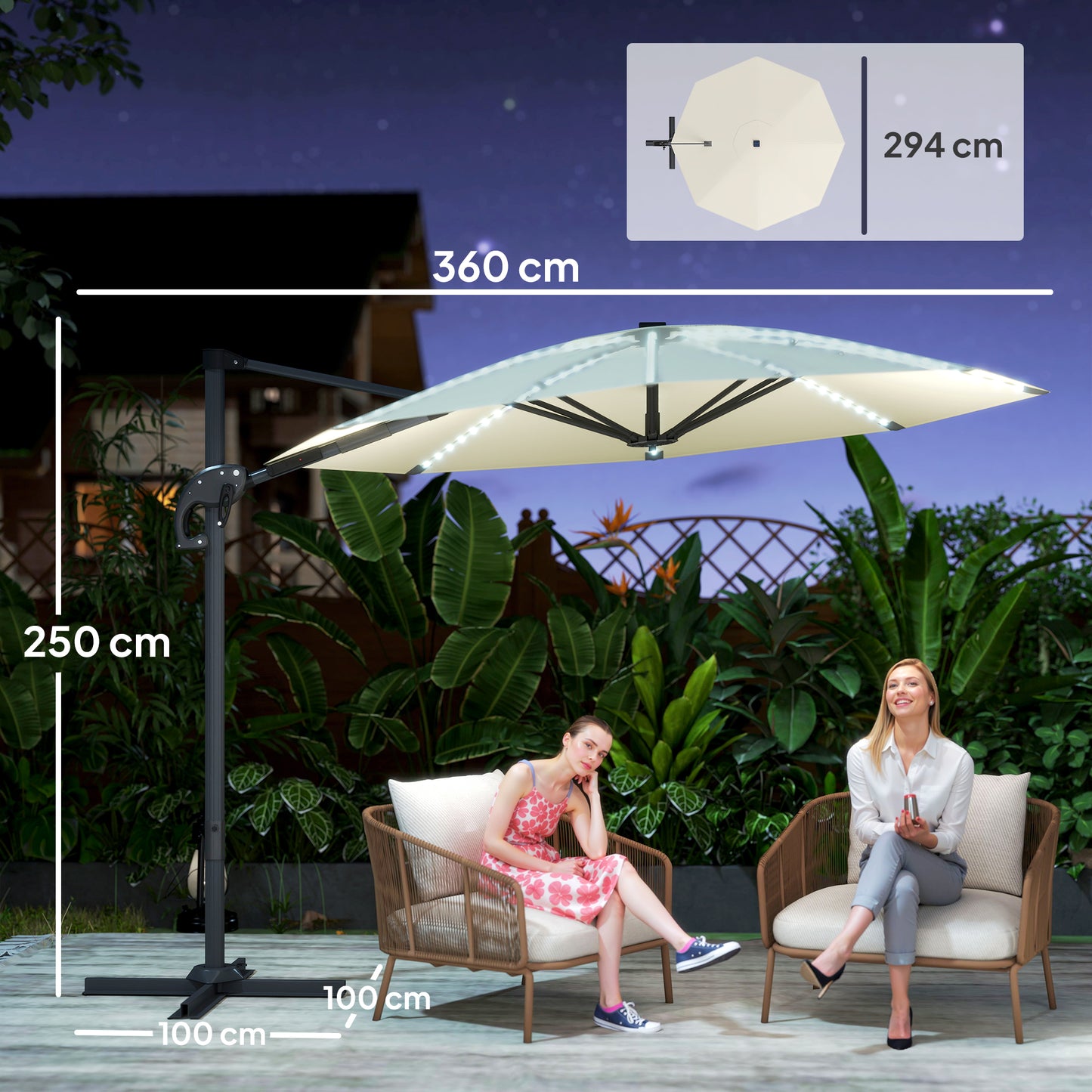 3(m) Cantilever Garden Parasol with Solar Powered Lights, Crank Handle & Cross Base, UPF 50+, 360° Rotation, Cream