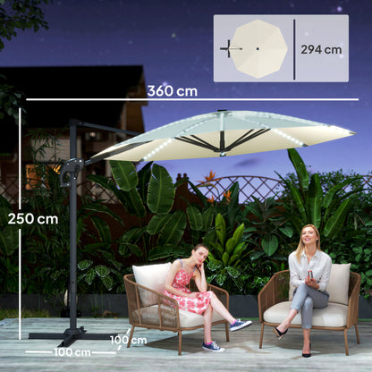 3(m) Cantilever Garden Parasol with Solar Powered Lights, Crank Handle & Cross Base, UPF 50+, 360° Rotation, Cream