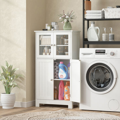 Bathroom Floor Cabinet, Freestanding Kitchen Cupboard with 2 Drawers, Adjustable Shelves and Tempered Glass Door