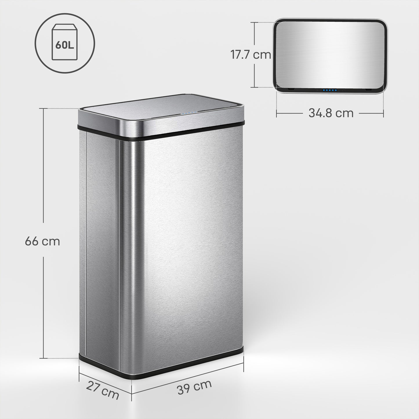 60 L Sensor Can, Sensor Bin with Soft-Close Lid, Fingerprint-Proof Stainless Steel, Silver Tone