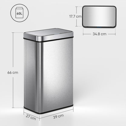 60 L Sensor Can, Sensor Bin with Soft-Close Lid, Fingerprint-Proof Stainless Steel, Silver Tone