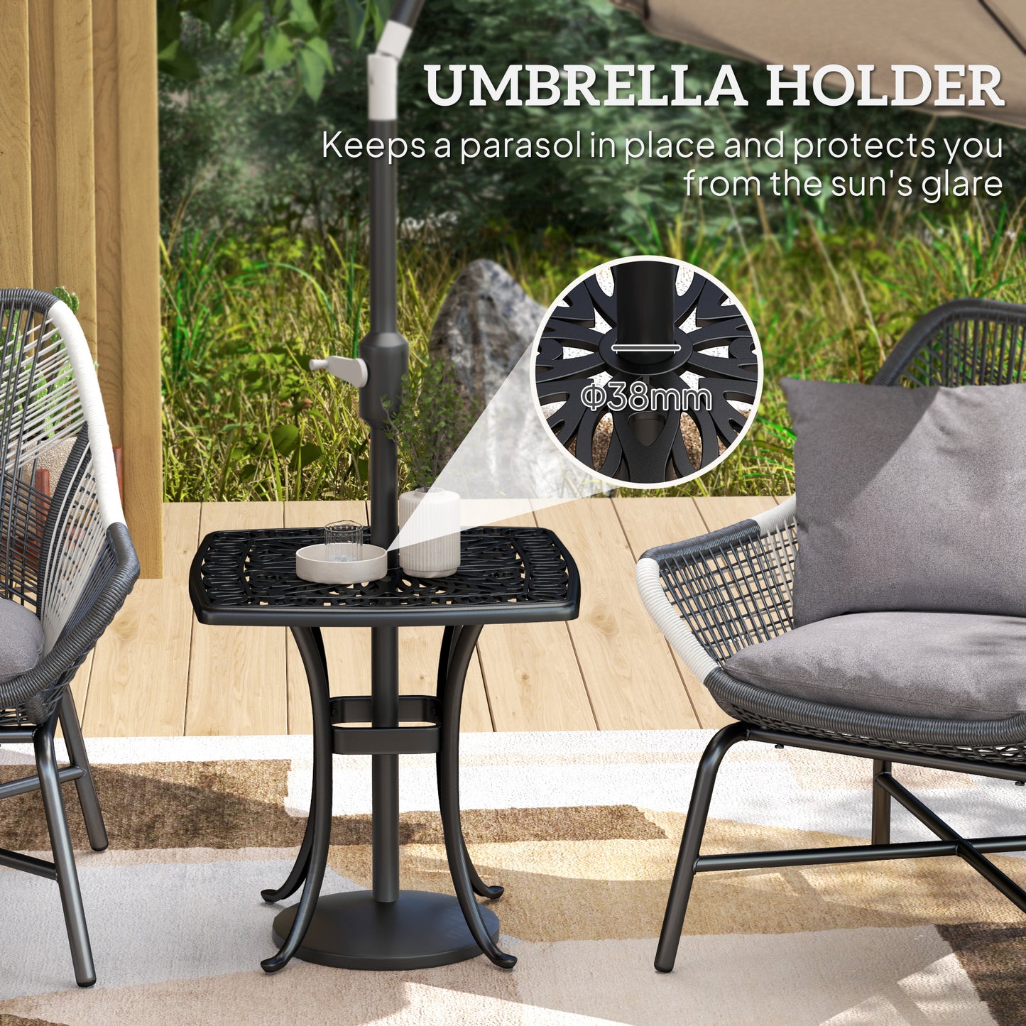 Outdoor Garden Table, Cast Aluminium Patio End Table with Umbrella Hole and Anti-slip Foot Pads for Garden, Patio, Balcony