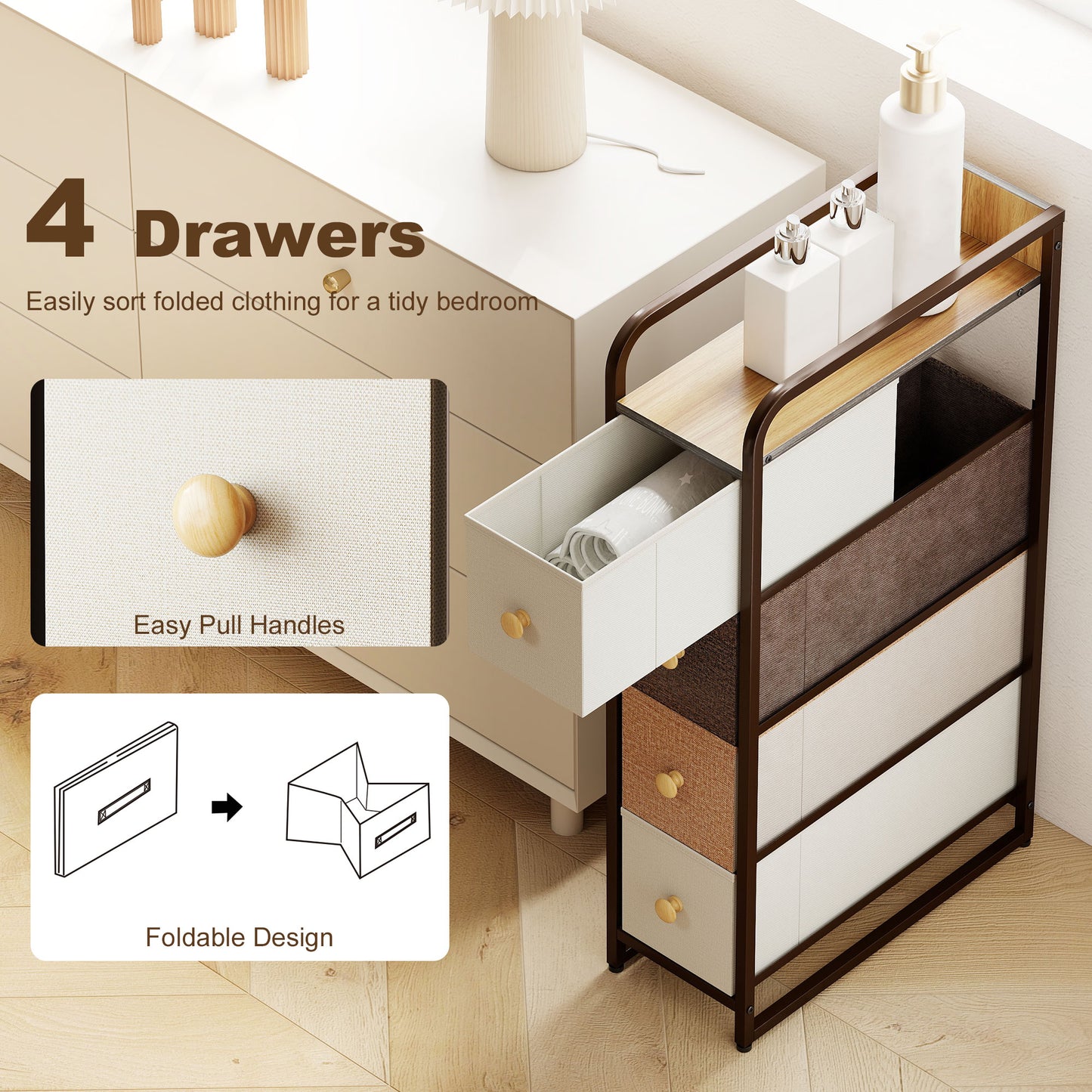 4-Drawer Storage Organiser Unit, Chest of Drawers with Steel Frame for Bedroom, Living Room, Mixed-Brown