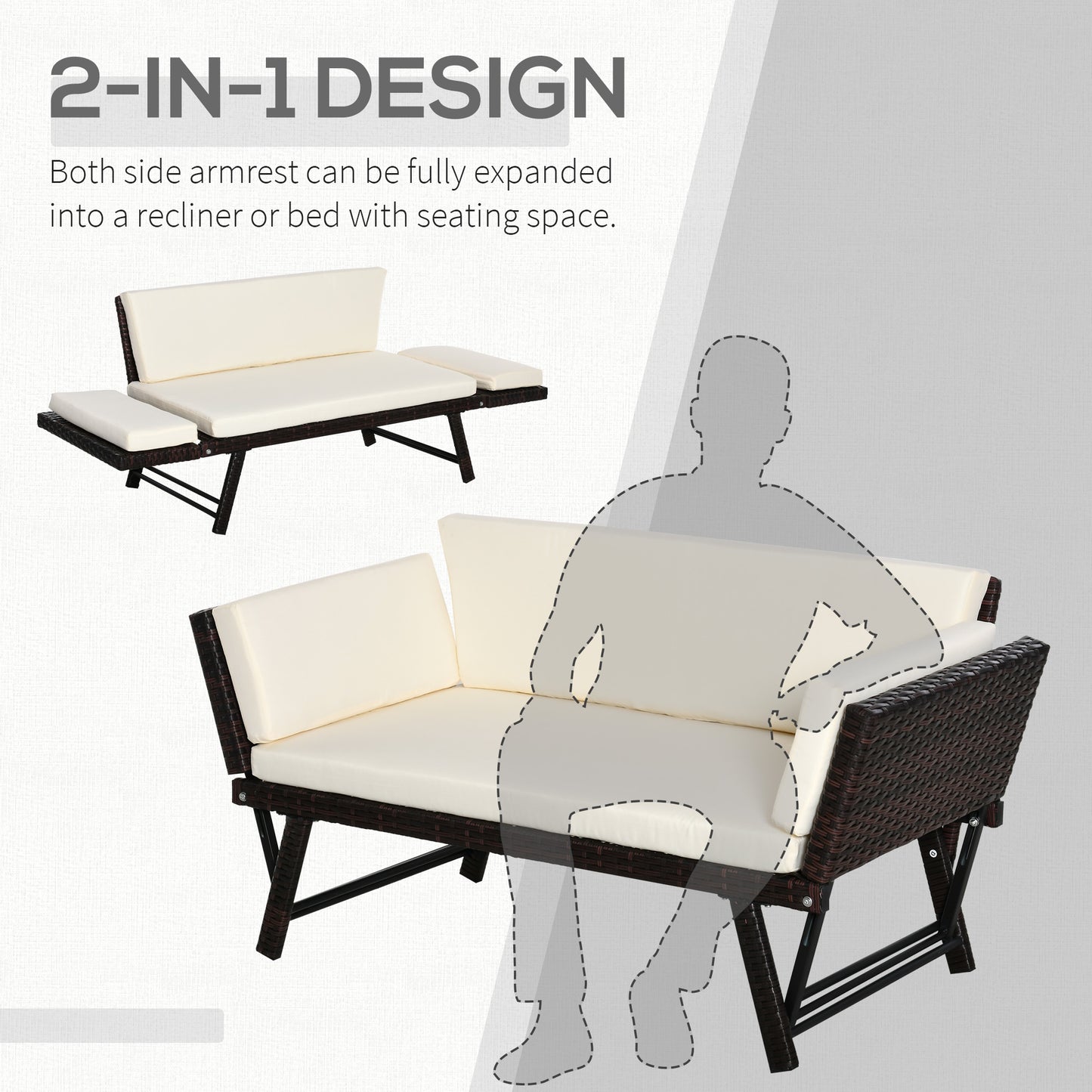 2-Seater 2-in-1 Rattan Convertible Sofa Daybed, Brown