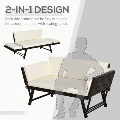 2-Seater 2-in-1 Rattan Convertible Sofa Daybed, Brown