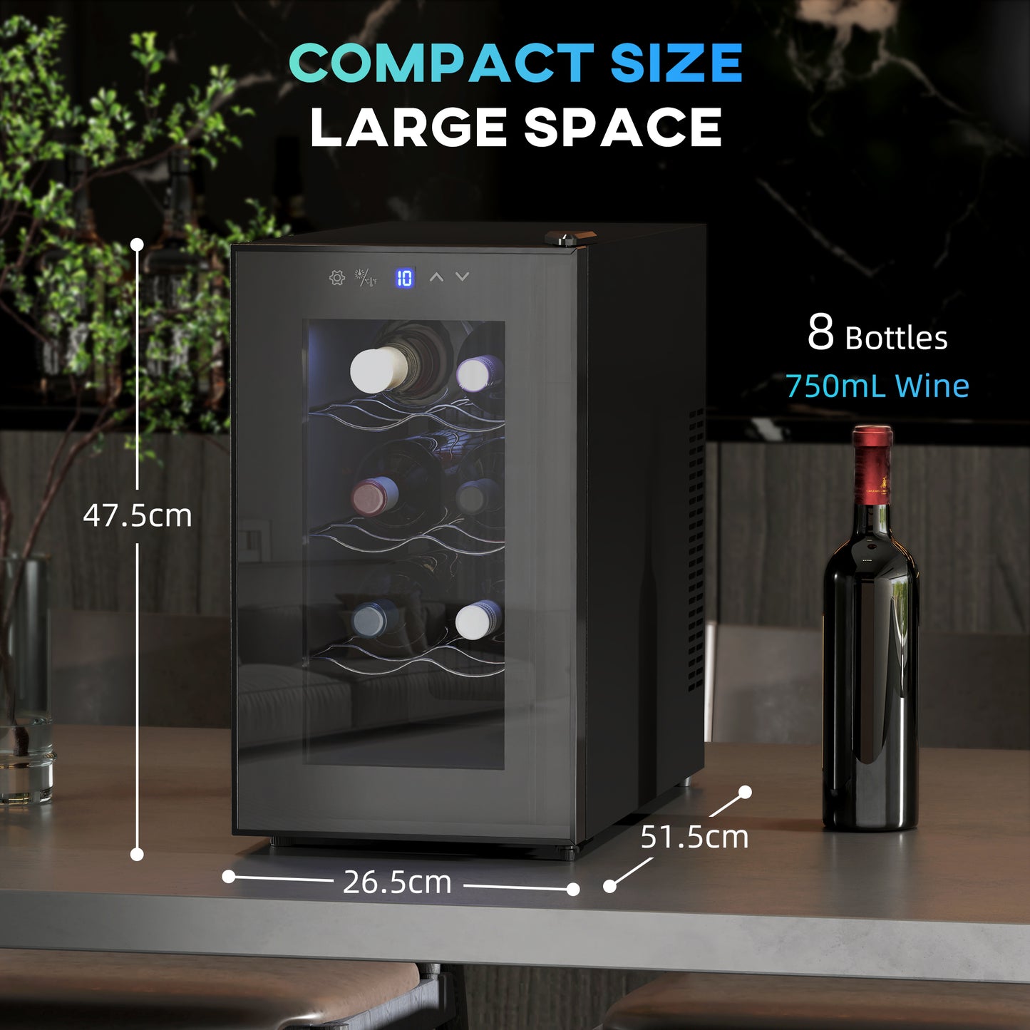 Mini Table Top Wine Fridge, 8 Bottle, 17L, 8-18℃, 26.5cm Quiet Under Counter Wine Cooler Fridge with Glass Door, LED Light