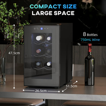 Mini Table Top Wine Fridge, 8 Bottle, 17L, 8-18℃, 26.5cm Quiet Under Counter Wine Cooler Fridge with Glass Door, LED Light