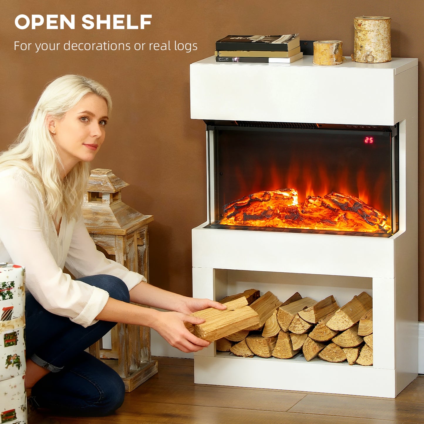 19" Electric Fireplace with Surround, 3D Flame Effect, 6 Colours & 3 Brightness Levels
