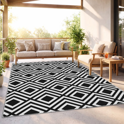 Reversible Outdoor Rug, Plastic Straw Mat w/ Carry Bag Ground Stakes for Garden RV Picnic Beach Camping 182x274cm Black
