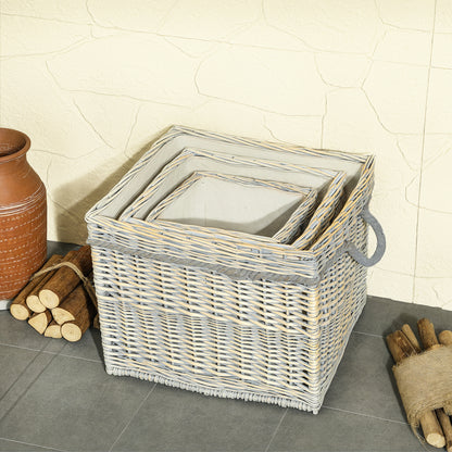 Set of 3 Log Baskets for Wood Burner Indoor, Storage Basket with Lining and Rope Handles, Wicker Basket for Fireside Storage