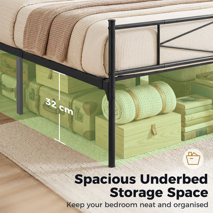 4ft6 Double Bed Frame with Headboard and Footboard, Metal Platform Bed Frame with 32 cm Underbed Storage, Black