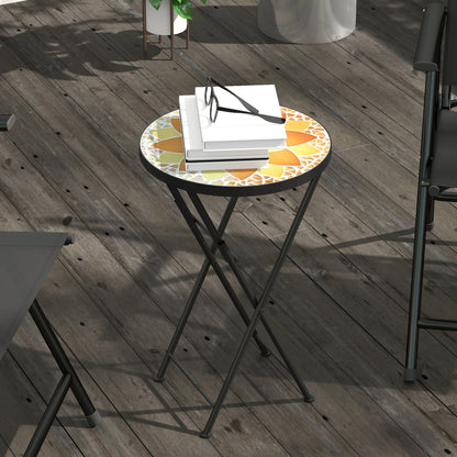 Mosaic Outdoor Garden Table, 35.5cm Round Folding Coffee Table with Metal Frame for Balcony Terrace, Yellow