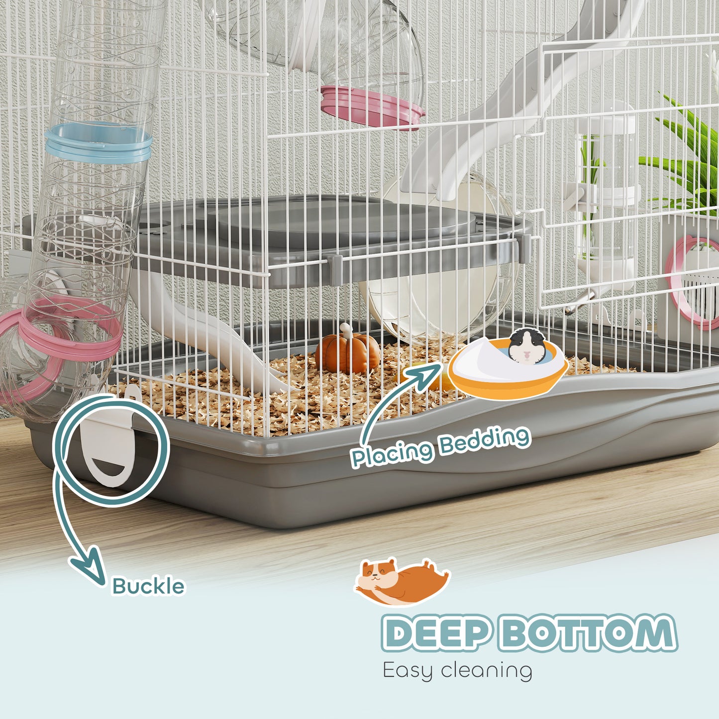 3-Tier Hamster Cage with Exercise Wheels, Water Bottle, Food Dish, for Dwarf Hamsters, 45 x 30 x 45 cm, Grey