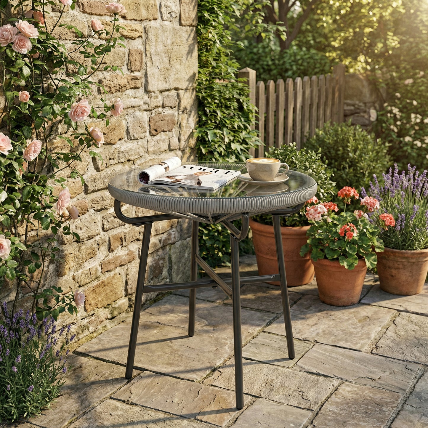 Rattan Side Table, Round Outdoor Coffee Table, with Round PE Rattan and Tempered Glass Tabletop, Light Grey