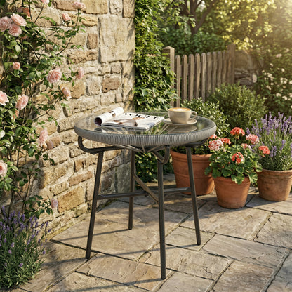 Rattan Side Table, Round Outdoor Coffee Table, with Round PE Rattan and Tempered Glass Tabletop, Light Grey