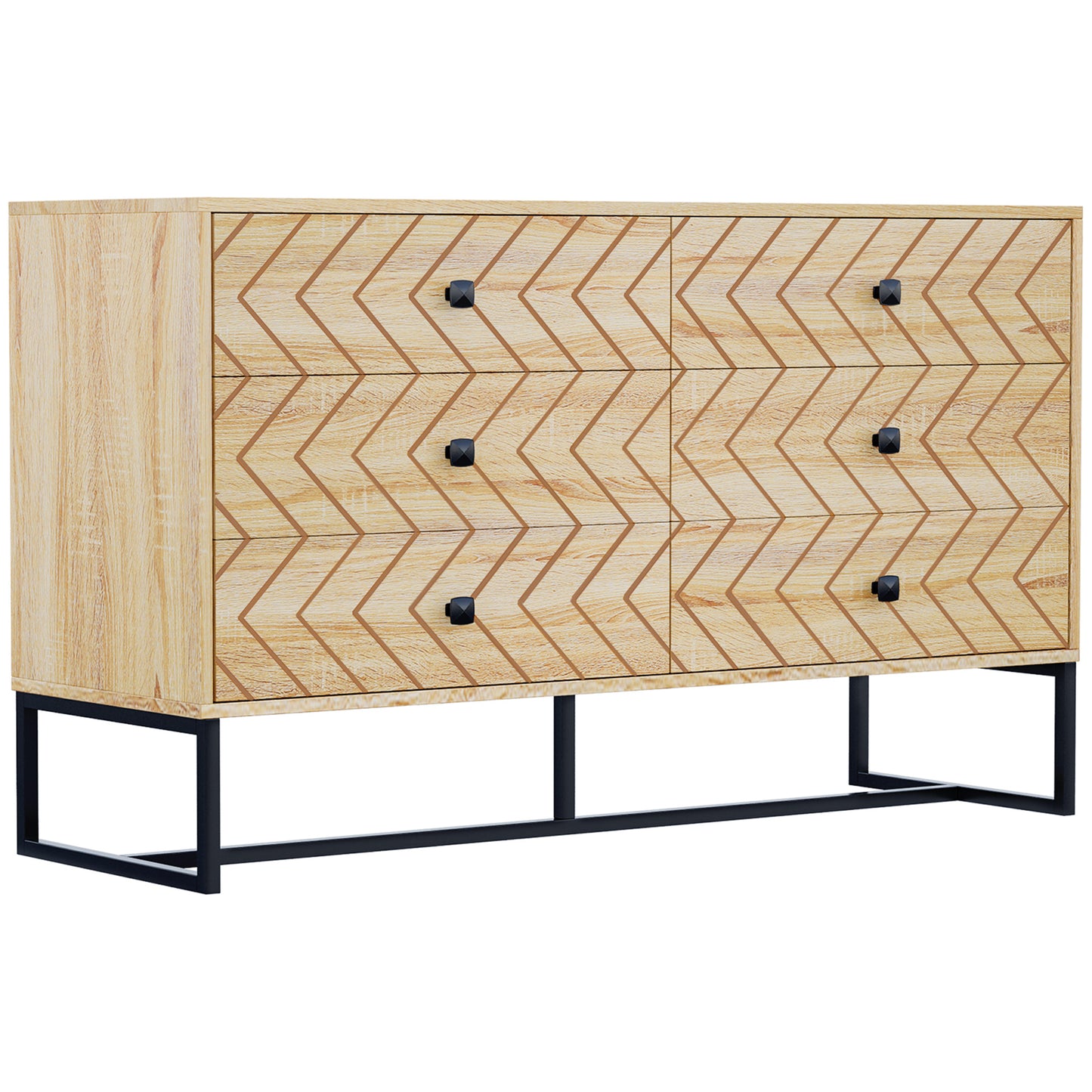 Bedroom Chest of Drawers, 6 Drawer Dresser, Sideboard Cabinet with Zigzag Design and Metal Base, Storage Drawer Unit
