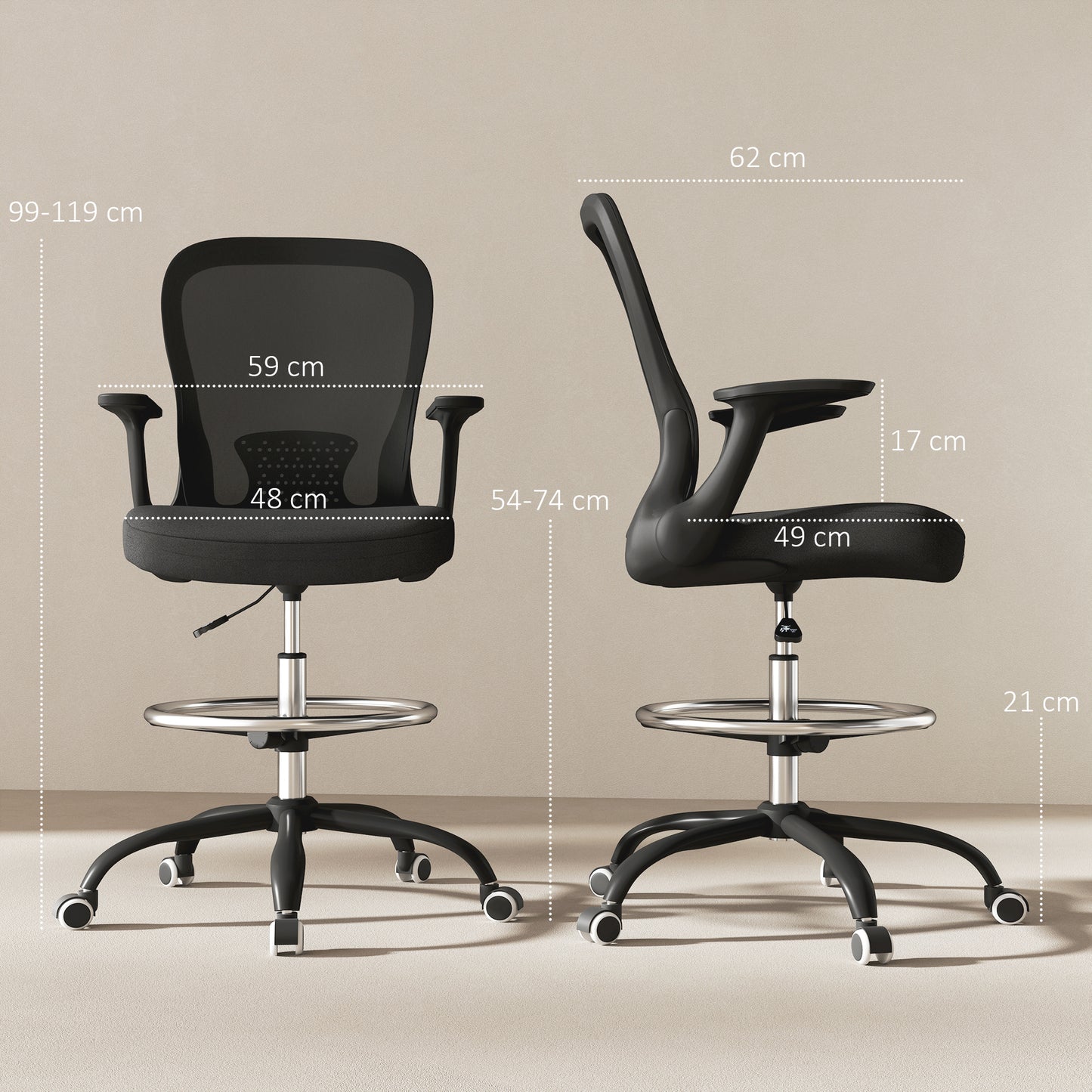 Draughtsman Chair, Mesh Drafting Chair, Ergonomic Office Chair with Flip-up Armrest, Adjustable Foot Ring, Black
