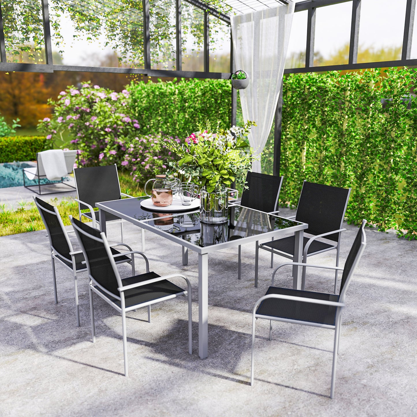 7 Piece Outdoor Garden Dining Set with Table and 6 Stackable Chairs, Steel Frame, Tempered Glass Top, Mesh Seats, Black