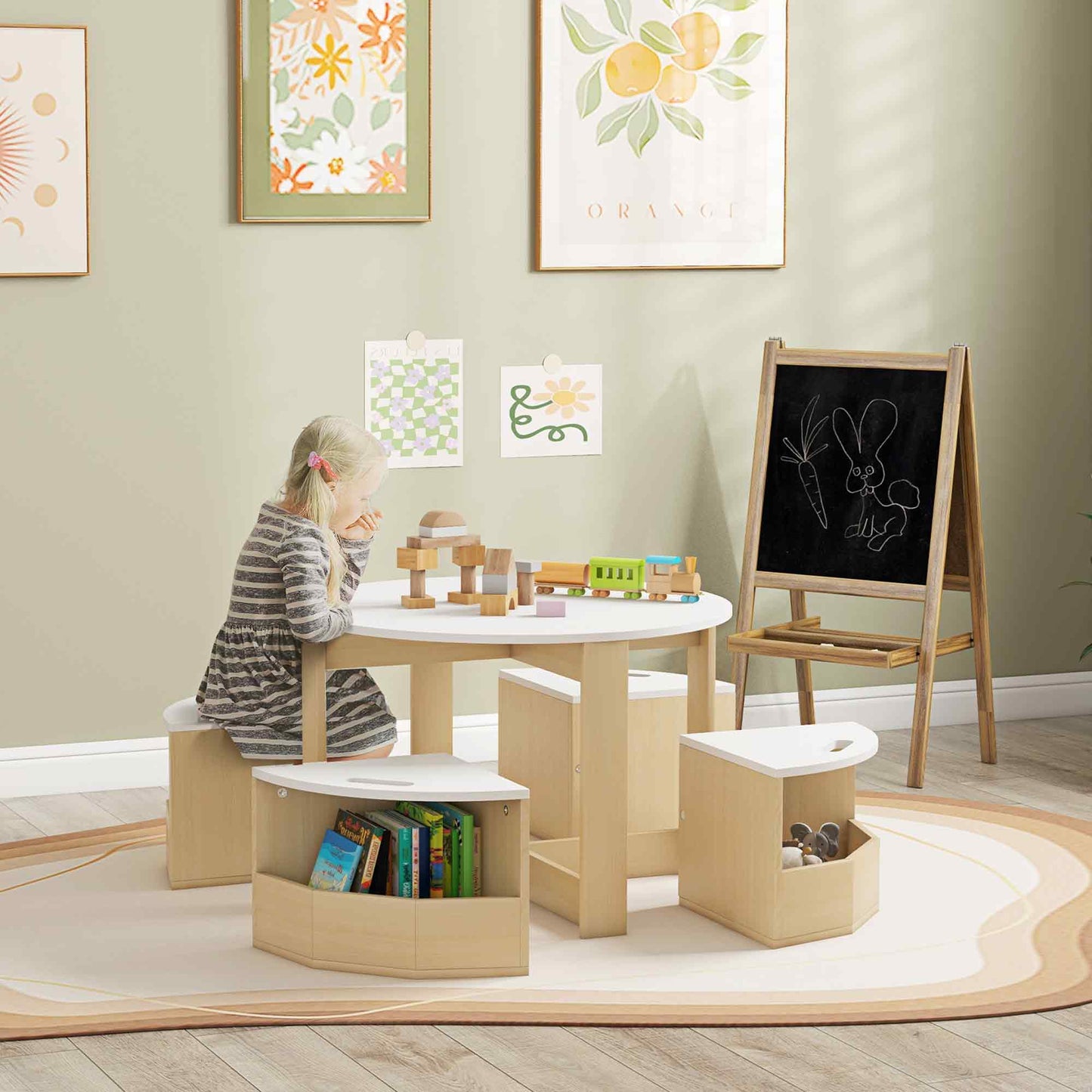Five-Piece Kids Table and Chairs Set with Storage, for Ages 3-8 Years, White