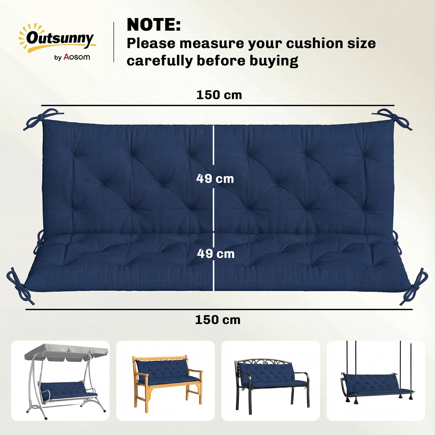 3 Seater Bench Cushion, Garden Chair Cushion with Back and Ties for Indoor and Outdoor Use, 98 x 150 cm, Dark Blue