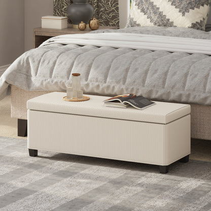 Storage Ottoman Bench, Corduroy Storage Chest Box with Wooden Legs, 112cm Bed End Bench for Living Room, Bedroom, Entryway