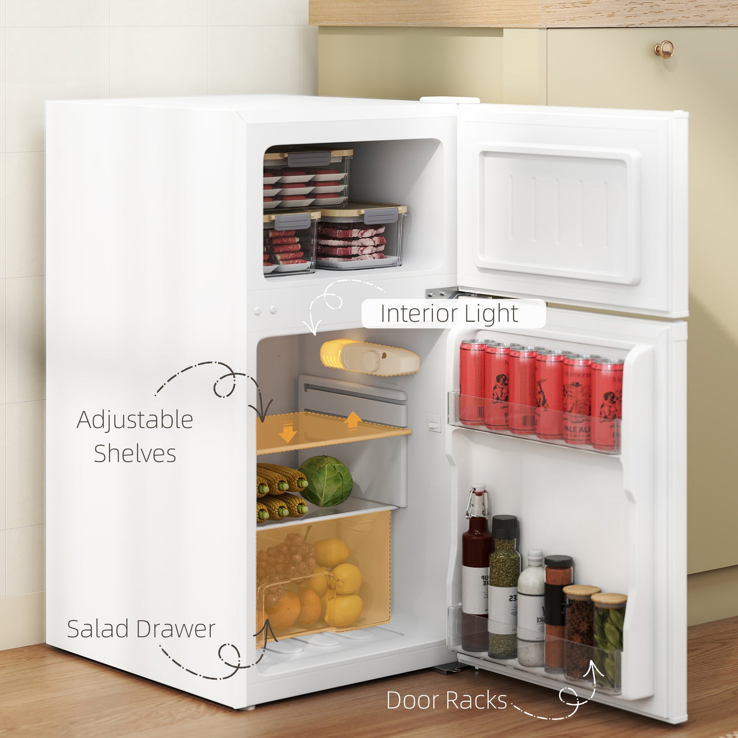 88L Under Counter Fridge Freezer, Small Refrigerator with 5-Setting, 3 Star Freezer Rating, White