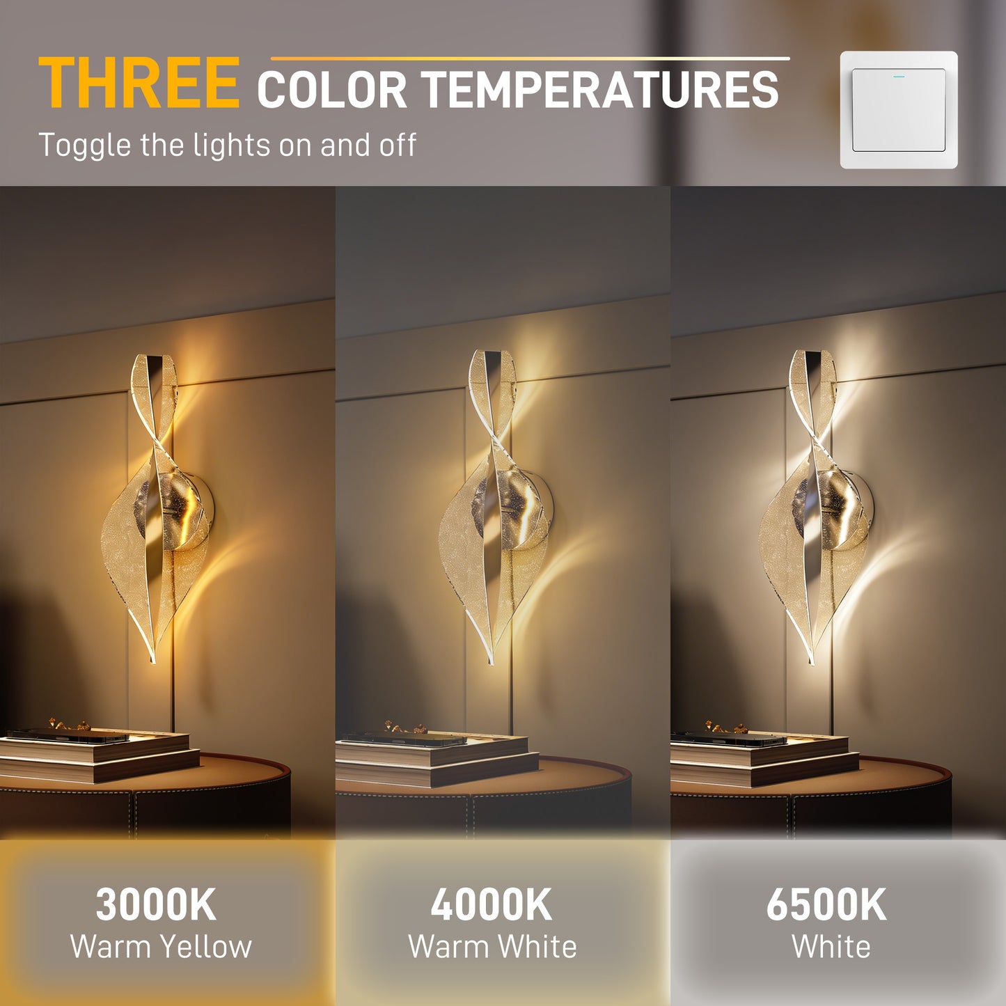 Led Wall Lamp 2 Pack, 13W Modern Indoor Spiral Wall Light, Colour Temperature Adjustable 3000K/4000K/6500K, for Bedroom