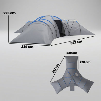 6-9 Man Large Tunnel Tent with 3 Bedrooms, Living Area and Porch, Stand-up Camping Tent, Portable with Bag, Light Grey