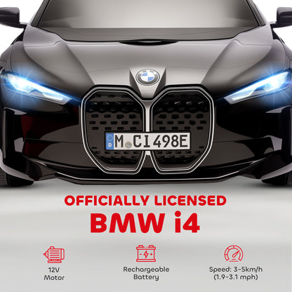 BMW i4 Licensed 12V Kids Electric Ride-On Car, with Remote Control, Portable Battery, Music, Horn, Headlights - Black