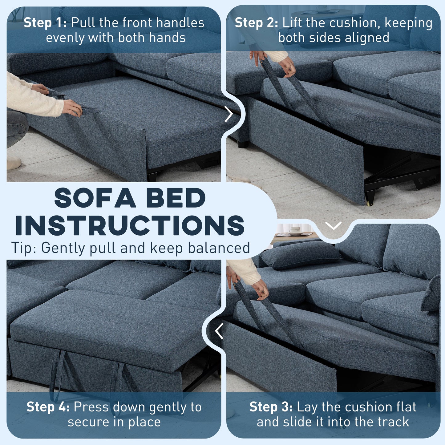 Corner Sofa Bed, L Shaped Sleeper Sectional Sofa with Reversible Storage Chaise, Blue