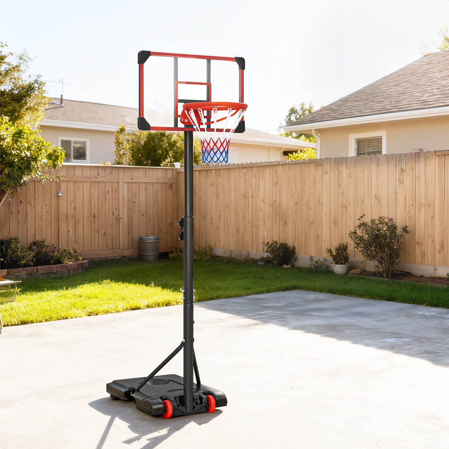 Height Adjustable Basketball Hoop and Stand with Firm Backboard and Weighted Base, Portable on Wheels, Red