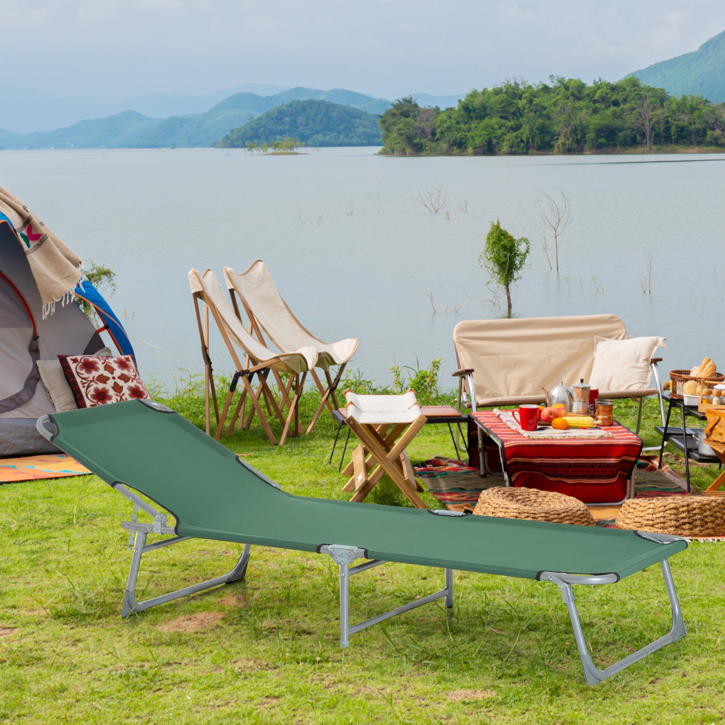 Reclining Sun Lounger Chair Folding Camping Bed with 4-Position Adjustable Backrest