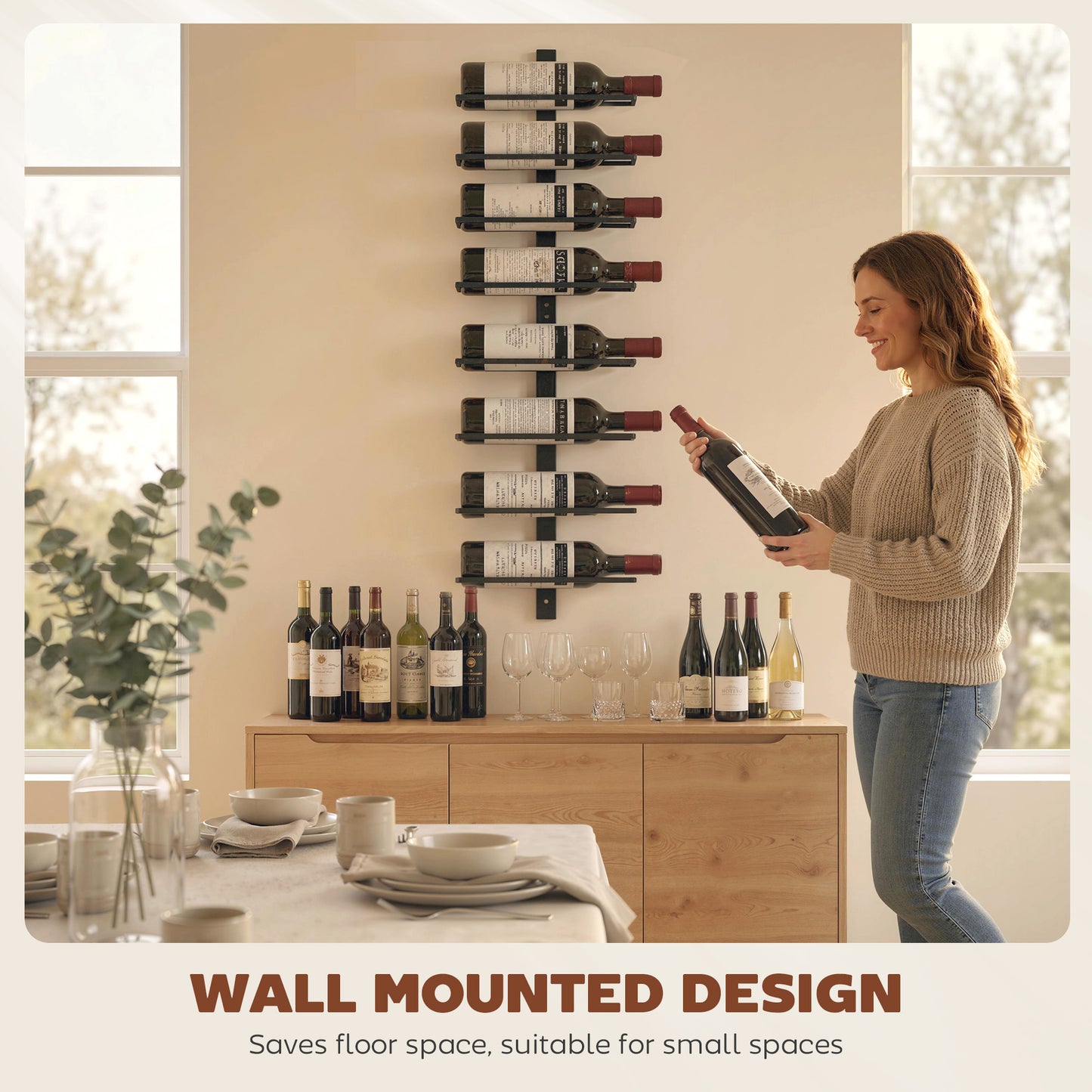 Wall Mounted Wine Rack, 8 Tier Metal Wine Display Rack, Storage Holder for Kitchen, Black