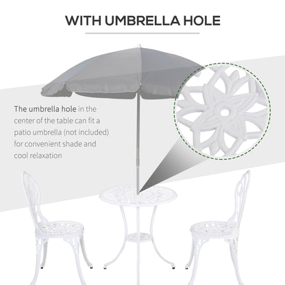 3 Piece Patio Bistro Set for 2, Outdoor Aluminium Garden Table and Chairs with Umbrella Hole for Balcony, White