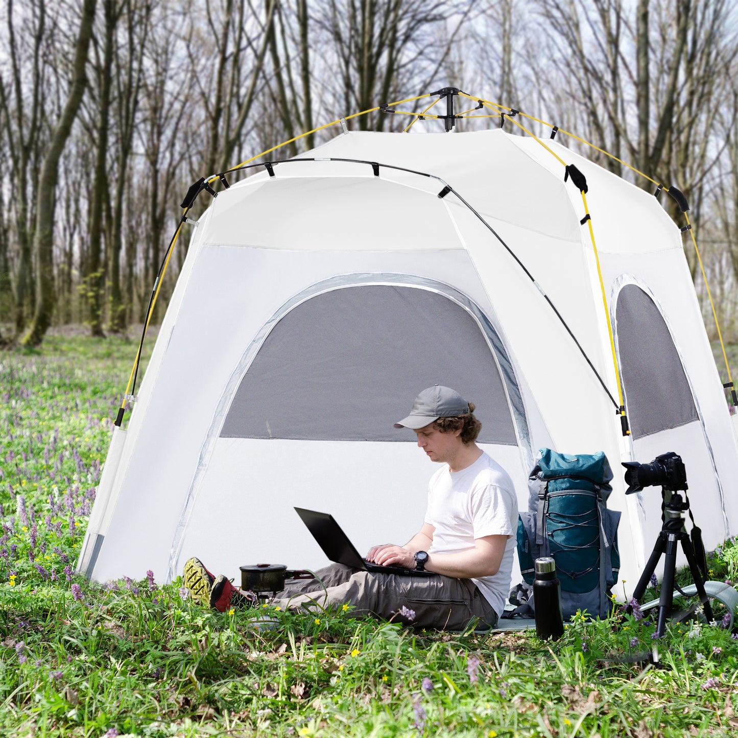 3 Person Automatic Camping Tent, Outdoor Pop Up Tent, Portable Backpacking Dome Shelter, Light Grey
