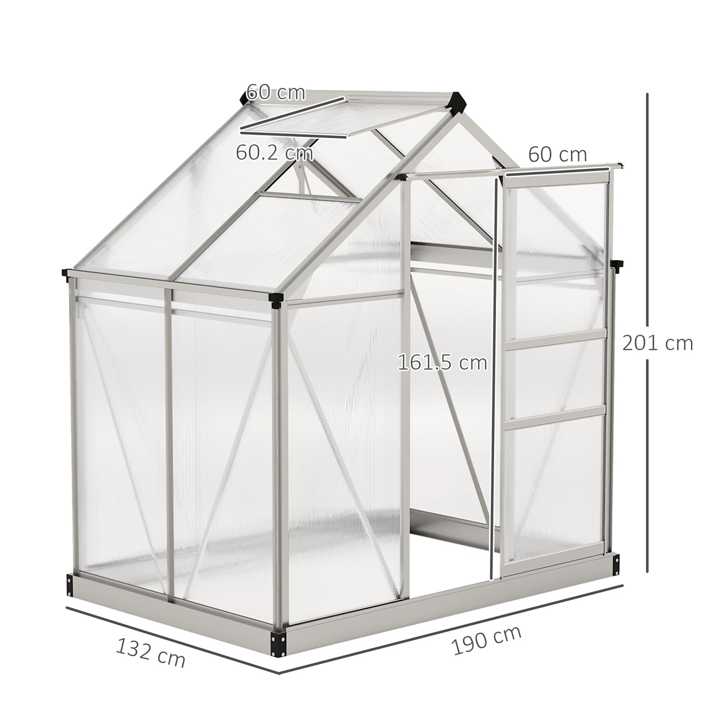 Polycarbonate Greenhouse, Large Walk-In Green House with Slide Door and Window, Aluminium Frame, 6x4ft, Silver Tone