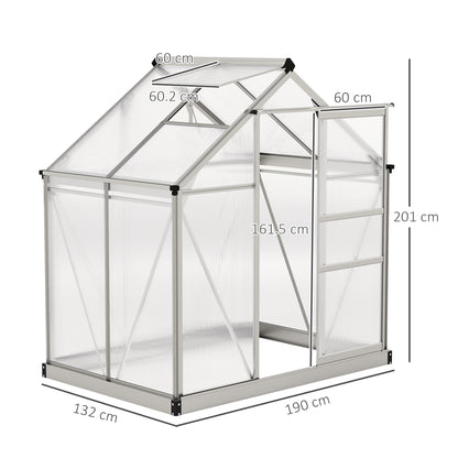 Polycarbonate Greenhouse, Large Walk-In Green House with Slide Door and Window, Aluminium Frame, 6x4ft, Silver Tone