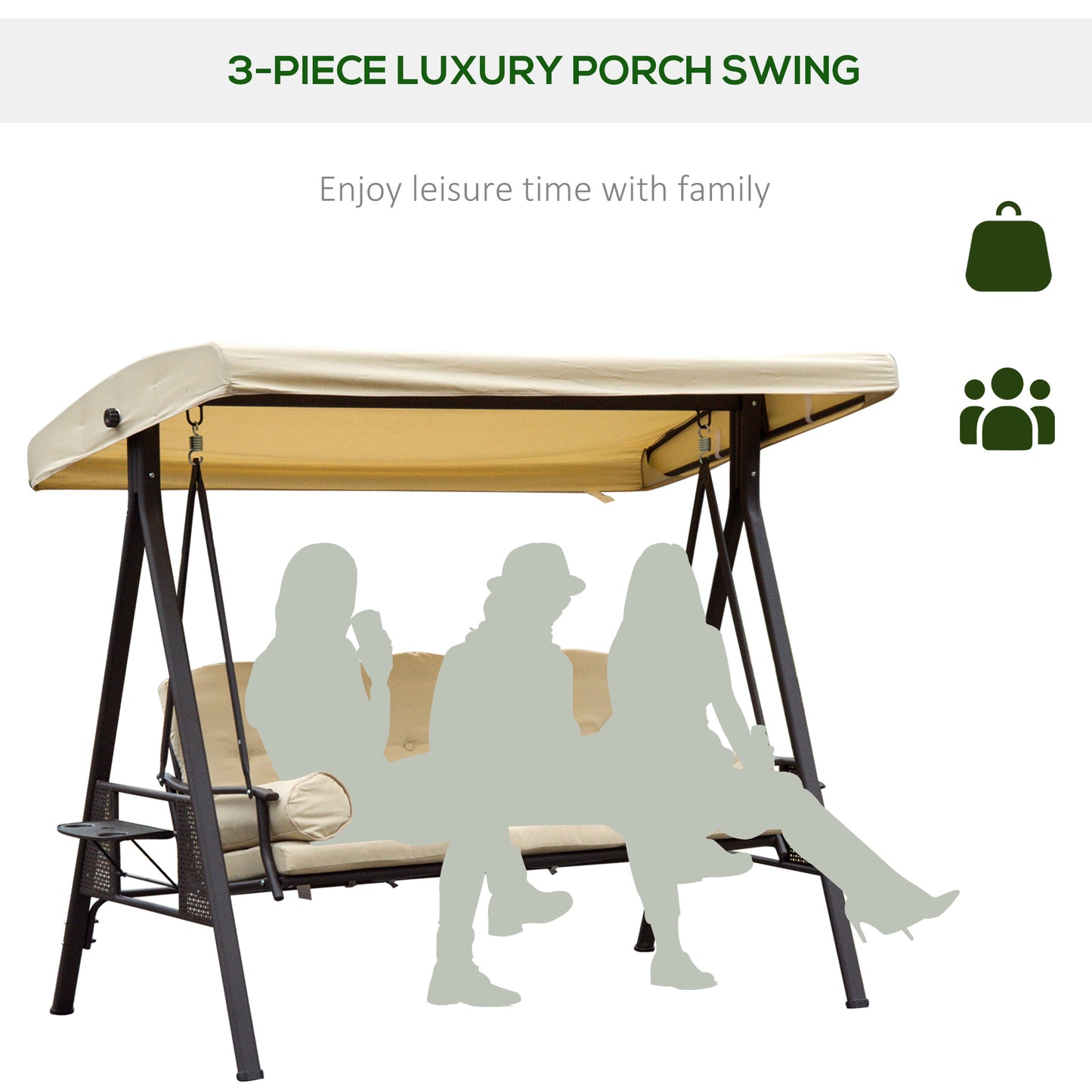 Swing Chair Hammock Chair 3 Seater Canopy Cushion Shelter Outdoor Bench Steel Beige